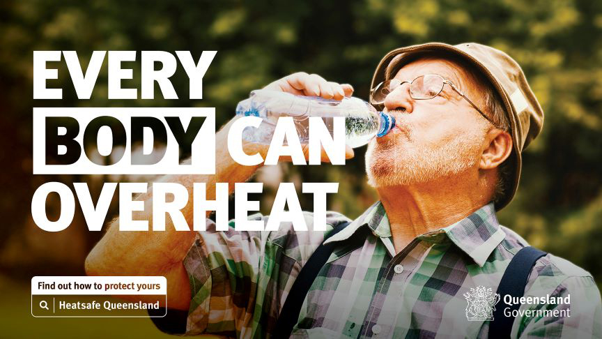 Photograph of an older man drinking from a water bottle with the caption 'Every body can overheat'
