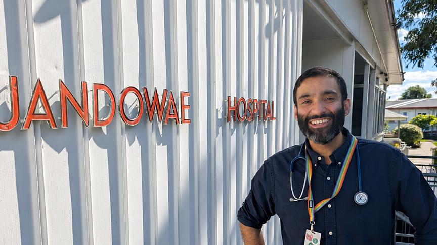 Dr Tanvir Kapoor standing outside Jandowae Hospital building